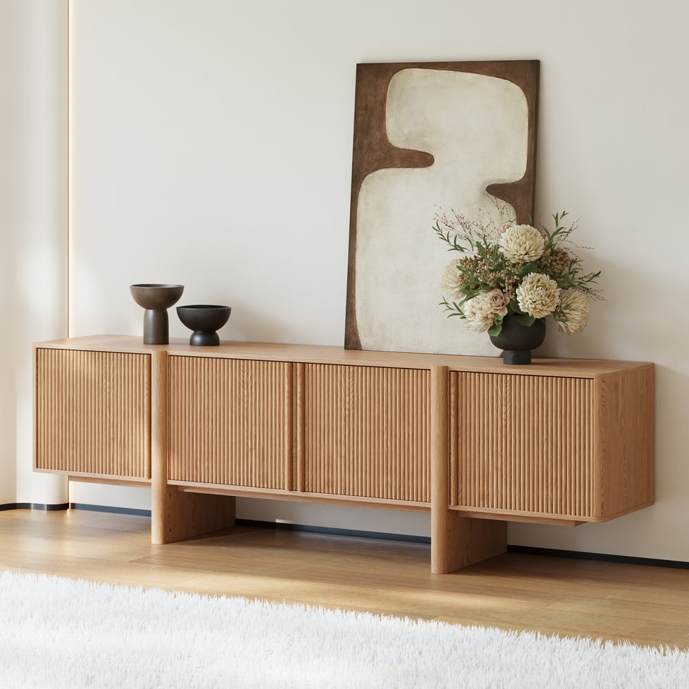 80" Solid Wood Fluted Natural TV Stand with Cabinets window image