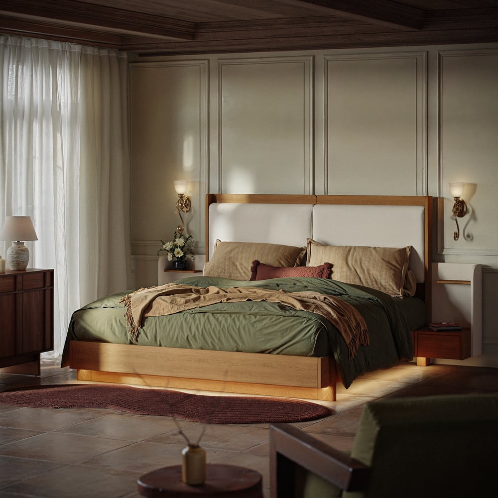 King Solid Wood Bed with Leather Extended Headboard & Floating Smart Nightstand Set window image