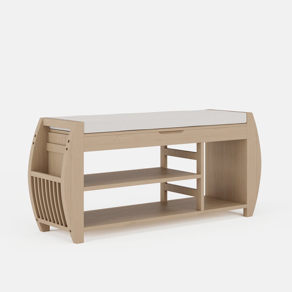 40'' Wood Veneer Whitewash Shoe Storage Entryway Bench with Shoe Rack window image