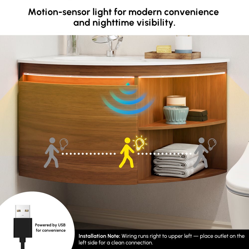 Meuble-lavabo de salle de bain d'angle de 91cm avec rangement et capteur de lumière à DEL image de fenêtre