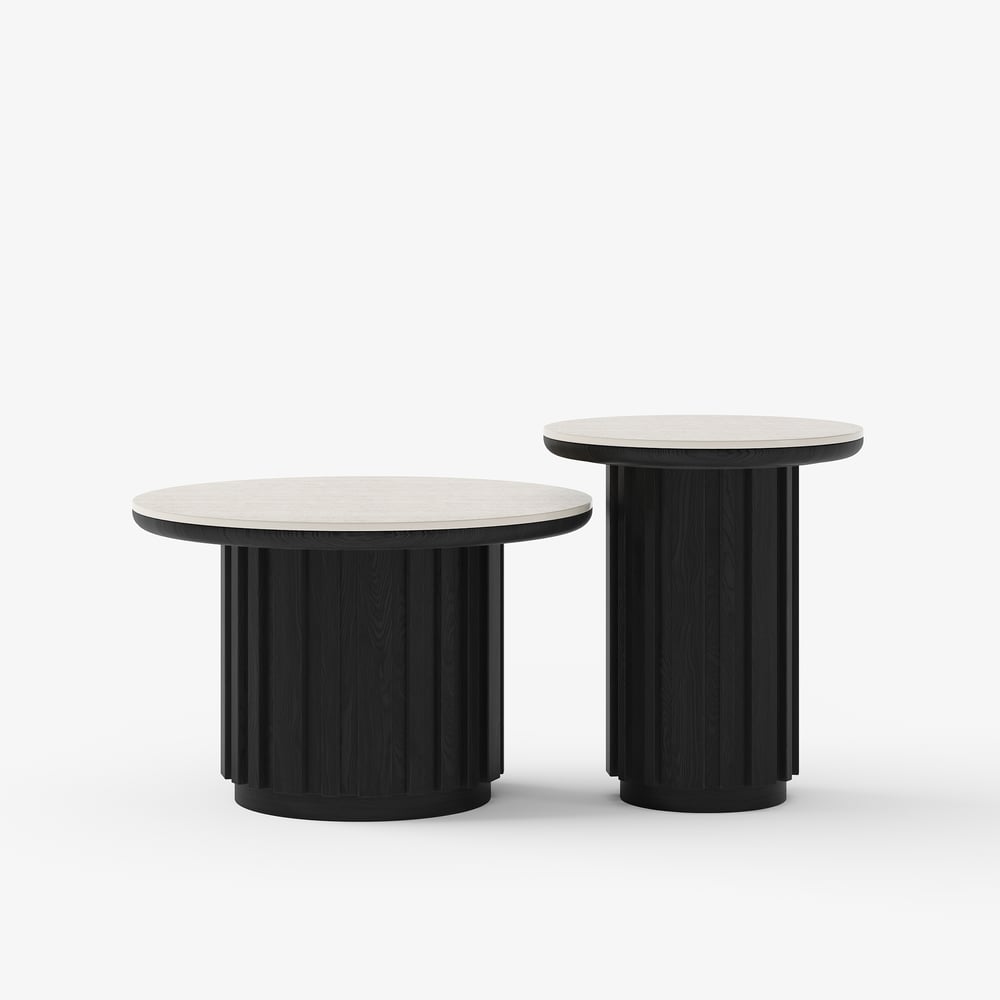 Aura 2 Piece Set Ash Wood Slatted  Round Coffee Table with Sintered Stone Top(20" - 28") window image