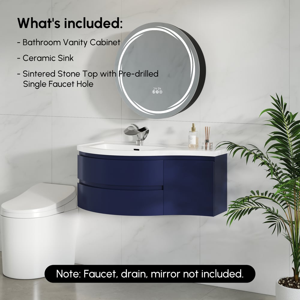 35" Navy Floating Single Curved Bathroom Vanity with Sink & Storage window image