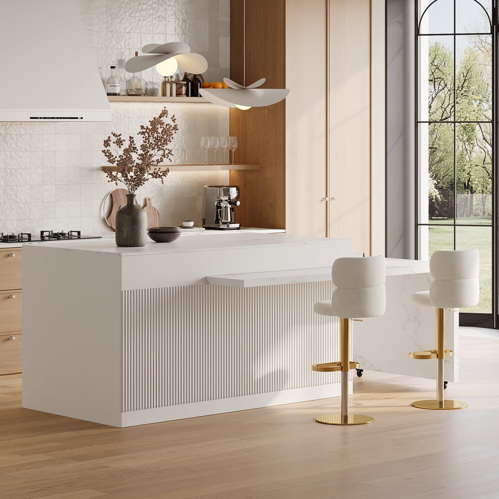 Modern 81"-112" Marble Pattern Kitchen Island with Doors & Drawers, White window image