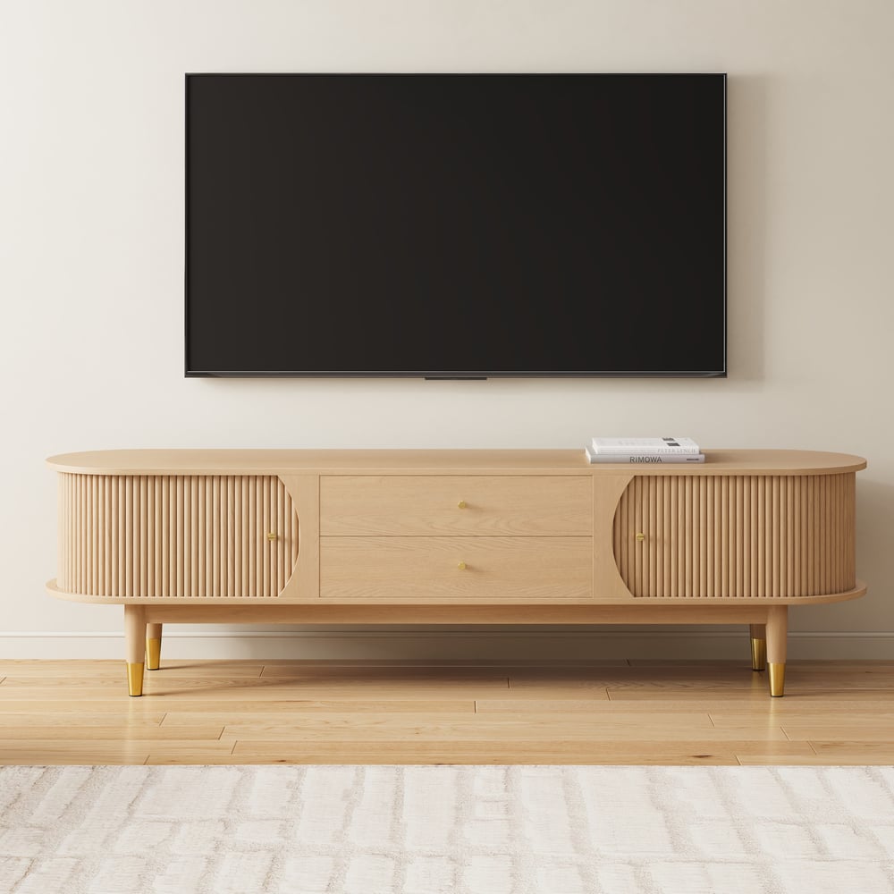 80" Ash Wood Fluted Natural TV Stand with Storage window image