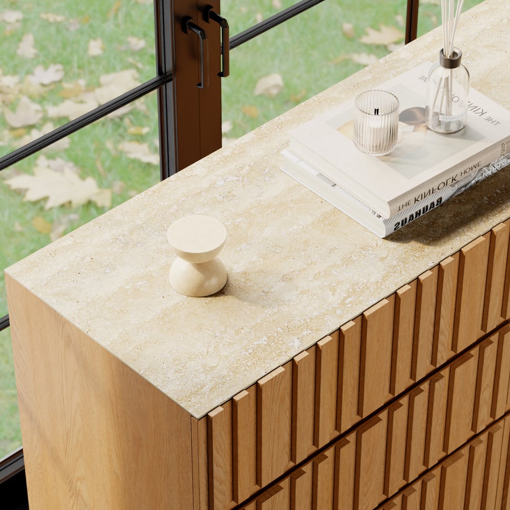 Aura 59" Natural Sintered Stone 6-Drawer Dresser with Lighting window image