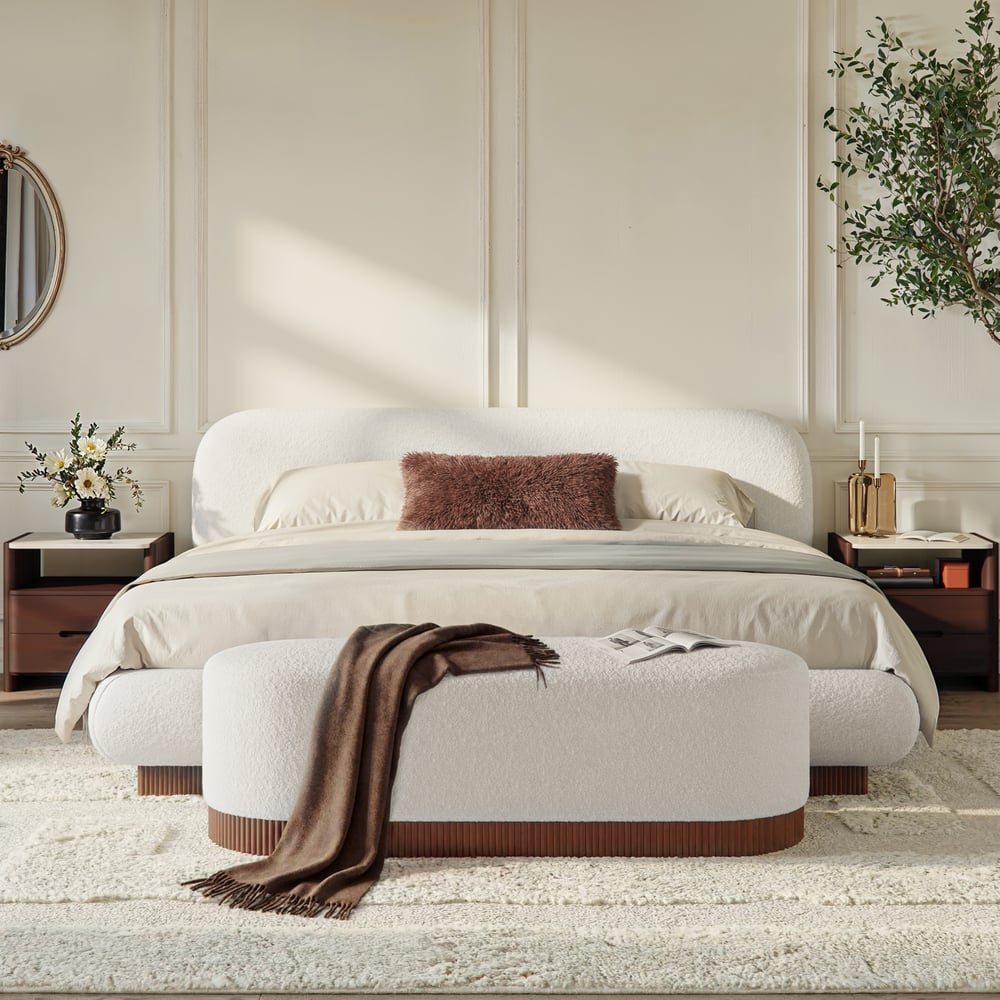 59"W Boucle Upholstered Bedroom Bench with Fluted Base window image