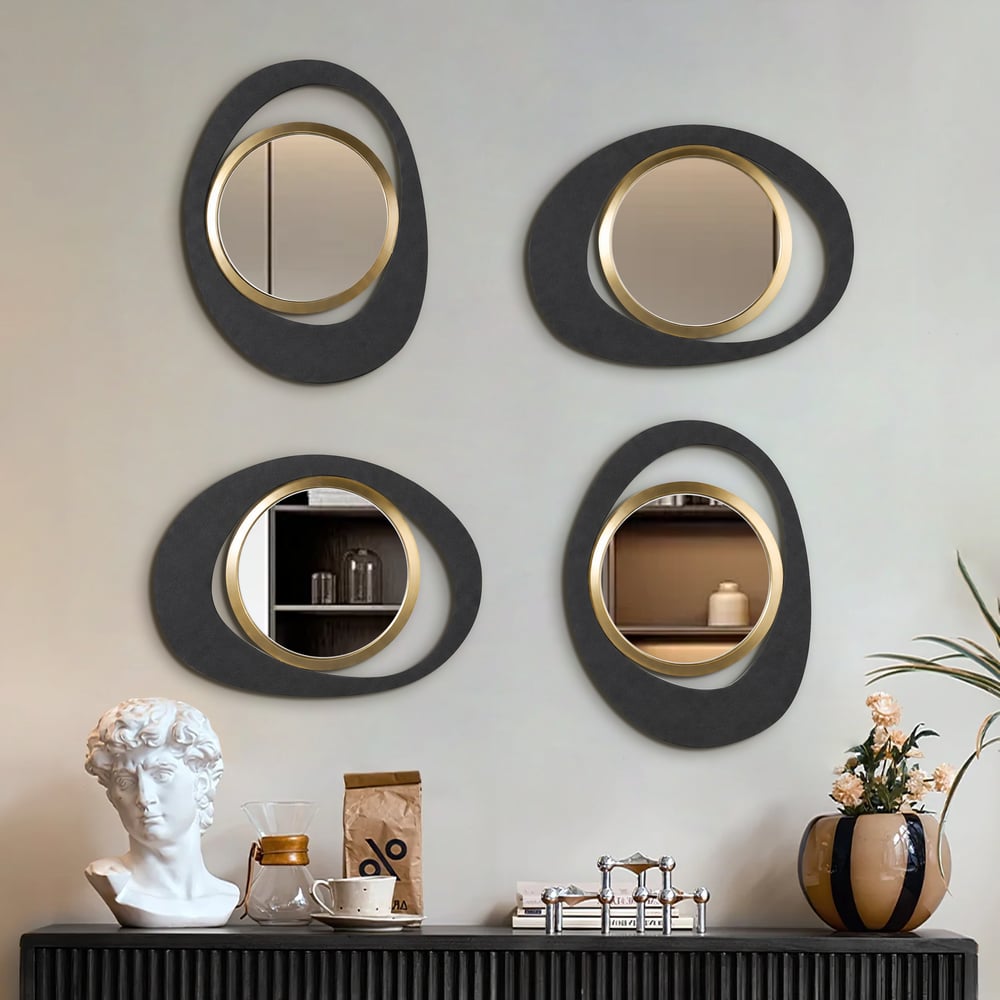 Abstract Wall Mirror, Matte Black and Gold, Horizontal or Vertical window image