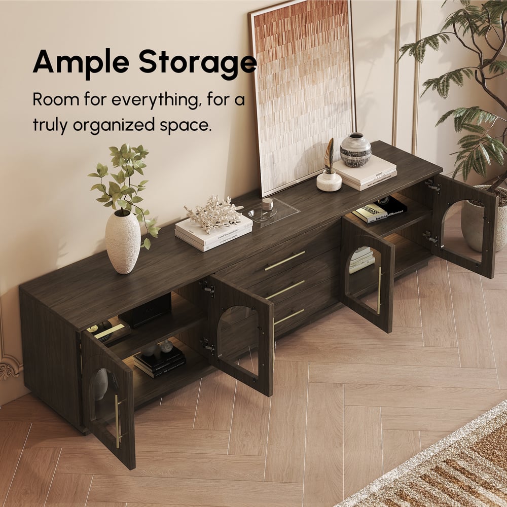 Arune 80" Arched Glass Doors Smoked Brown TV Stand with Storage and LED window image