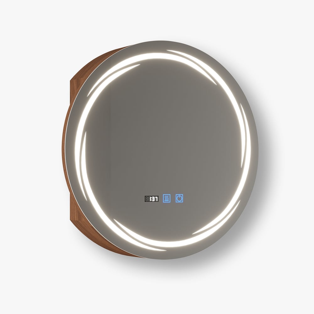 24" Round LED Walnut Medicine Cabinet with Storage, Anti-Fog, Dimmable window image