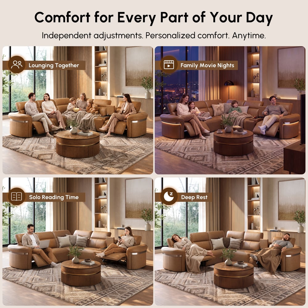 Genuine Leather Multifunction Media Console Power Reclining Sofa window image