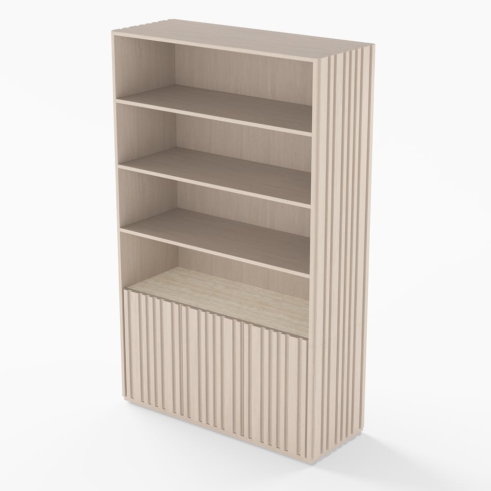 Aura 120cm Boekenkast van Essenhout met Gegroefde Details en Blad van Sintersteen Vensterafbeelding