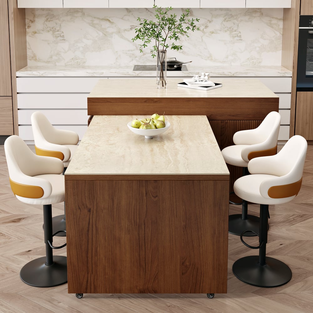 Îlot central de cuisine moderne extensible 205-284 cm avec plateau en pierre frittée mate finition noyer et rangement image de fenêtre