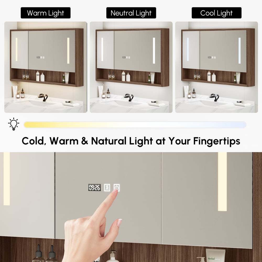 39" Walnut LED Medicine Cabinet with Adjustable Lighting, Demister and Digital Clock window image
