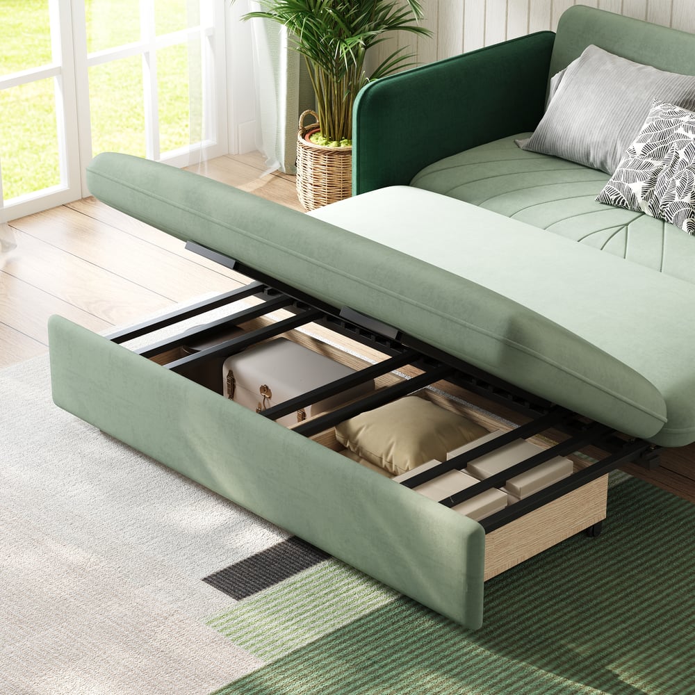 170 cm 2-Seater Green Velvet Convertible Sleeper Sofa with Storage & Pillows window image