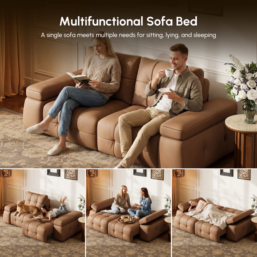 95" 2-Seater Genuine Leather Power Convertible Sleeper Sofa with adjustable armrests window image