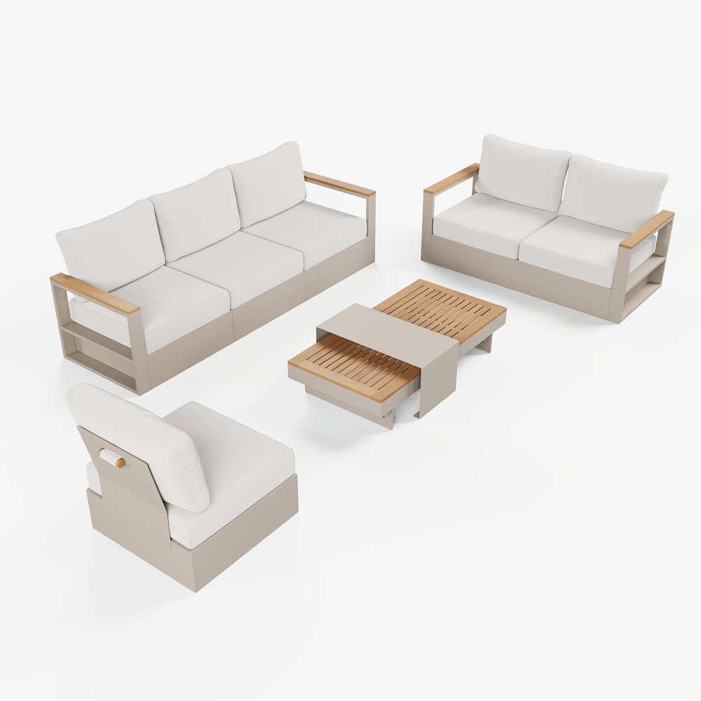 Tevara 6-Person Outdoor Sofa Set with Wood & Aluminium Frame, Sand & Warm White (4-Piece) window image