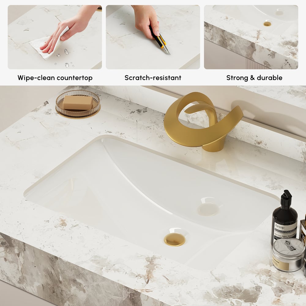 Tocador de baño doble flotante Artis de 60 pulgadas con lavabo, encimera de piedra sinterizada, amplio almacenamiento Imagen de ventana