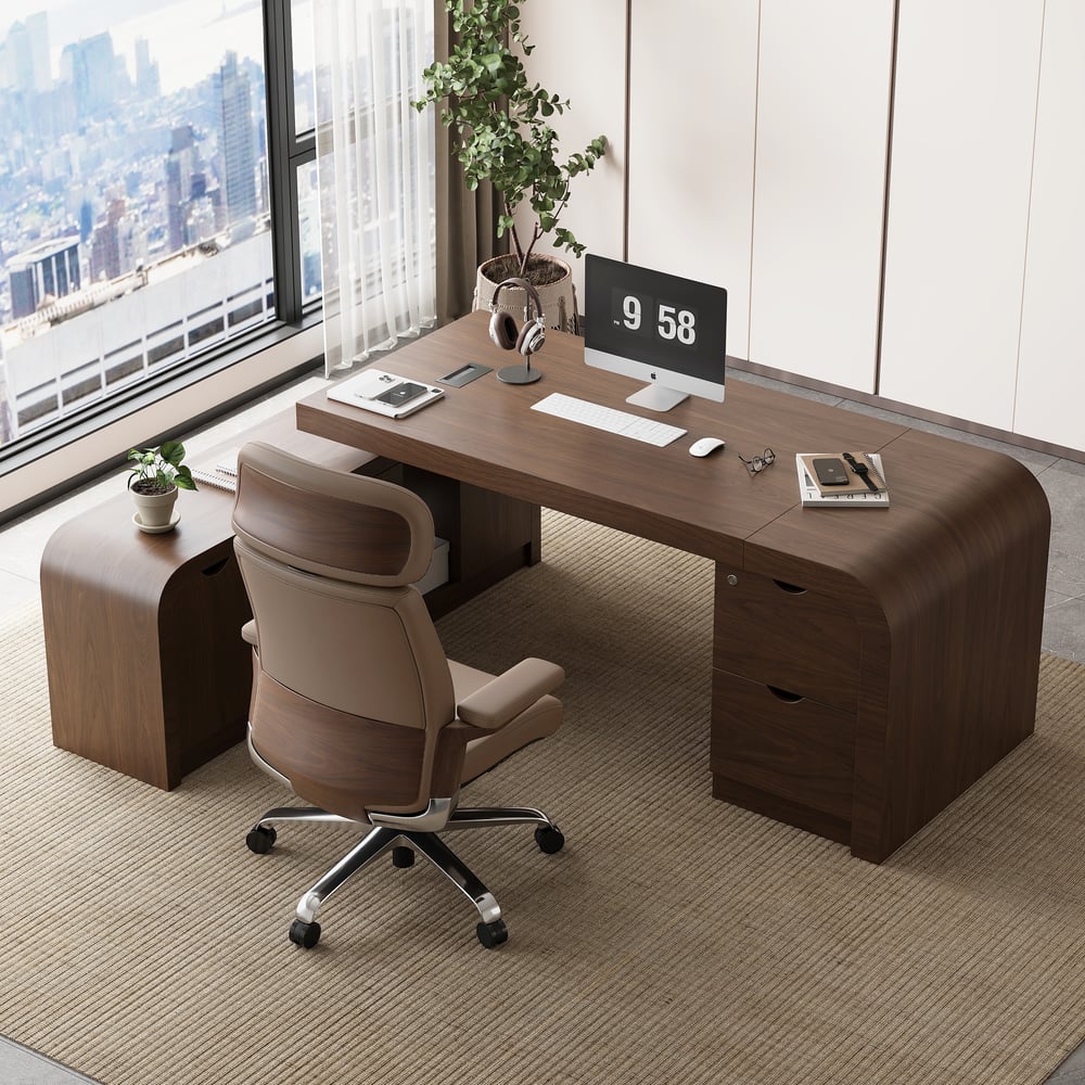 Khaki Genuine Leather Swivel Office Chair with Ergonomic Synchro-Tilt Recline System window image