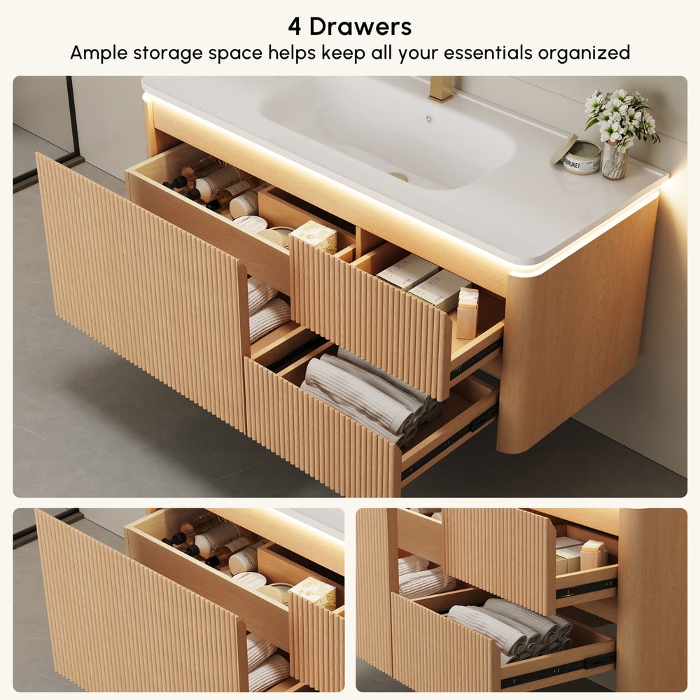 Moderní 119 cm plovoucí rýhovaná koupelnová skříňka s umyvadlem, měkkým LED osvětlením a dostatkem úložného prostoru obrázek okna