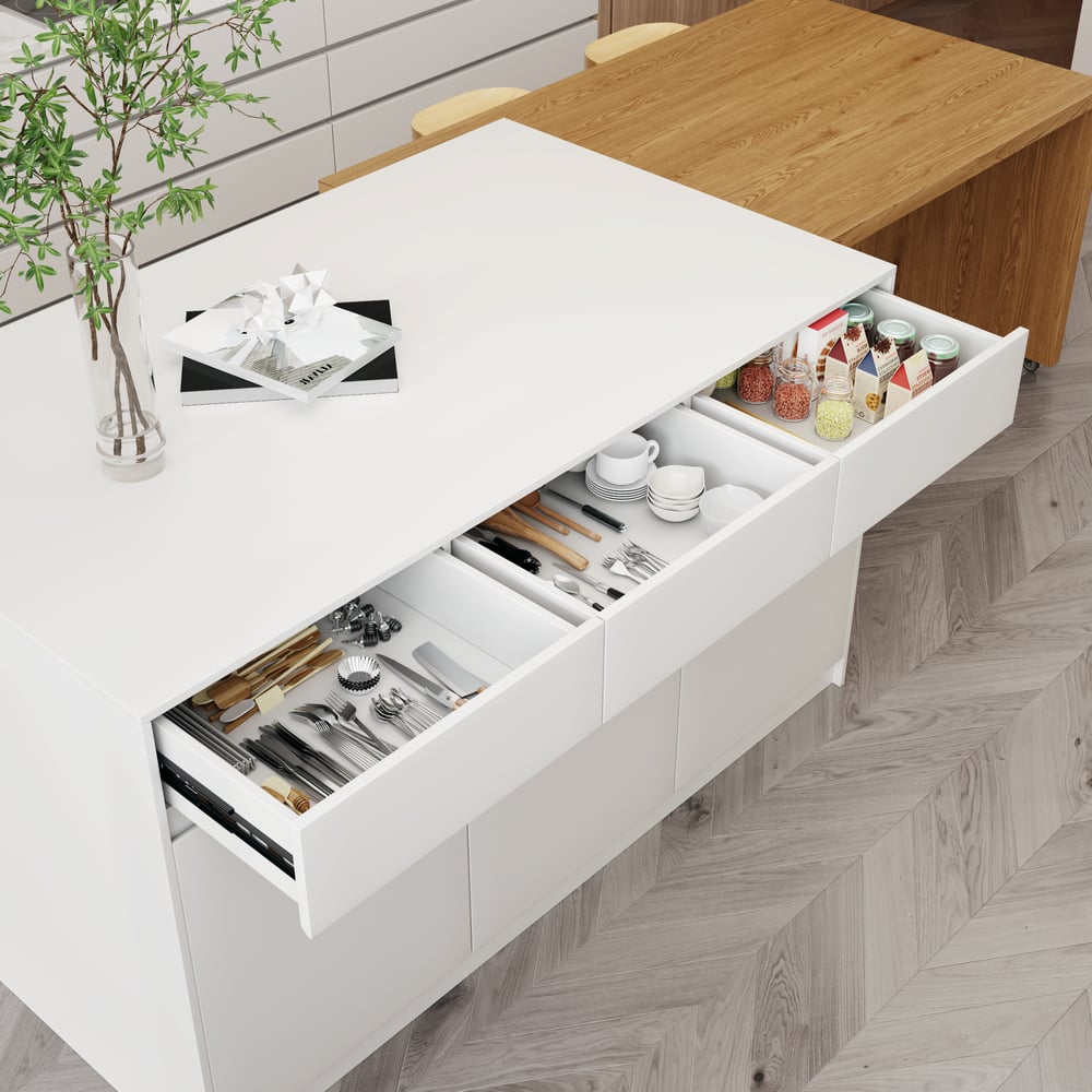 Îlot de cuisine extensible en bois de 81'' à 112'' avec rangement, Naturel et Blanc image de fenêtre