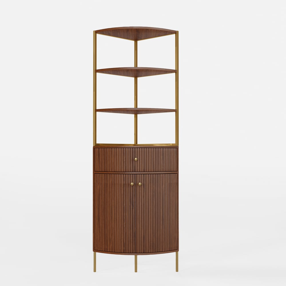 Modern 75" Walnut Etagere Corner Bookshelf with Drawer and 2-Door Cabinet window image