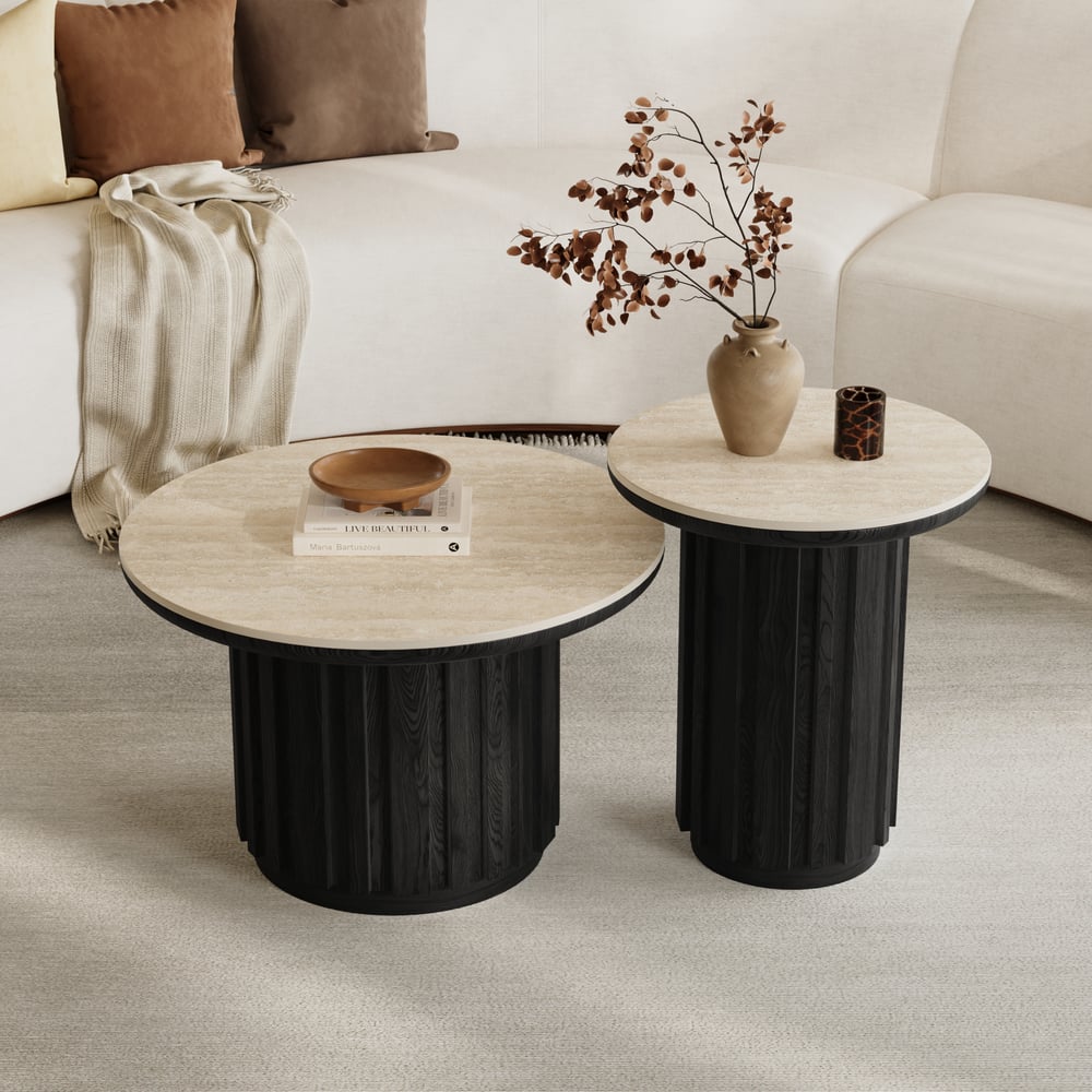 Aura 2 Piece Set Ash Wood Slatted  Round Coffee Table with Sintered Stone Top(20" - 28") window image