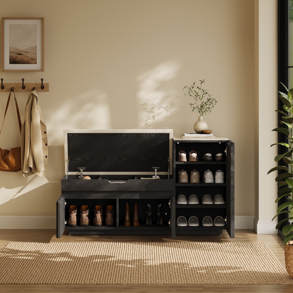 Aura 47” Wooden Shoe Storage Bench with Right-Side Cabinet for Entryway window image