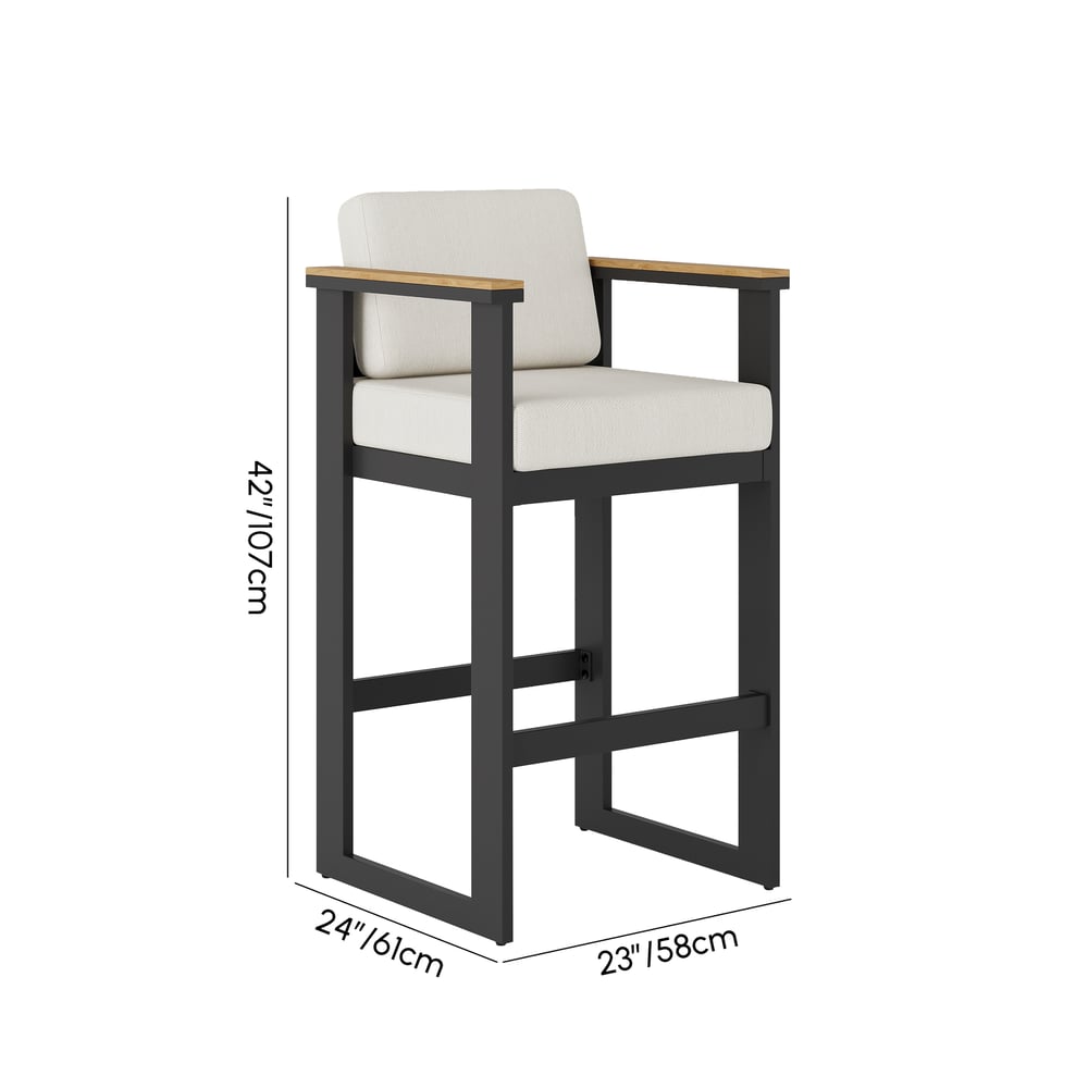 Tevara Outdoor Aluminum Frame & Teak Wood Armrest Bar Stools in Warm White, Set of 2 weights dimensions image