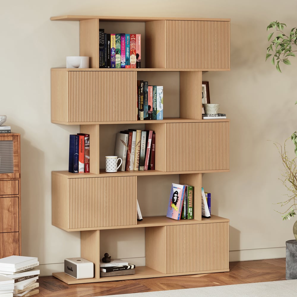 72.8" Natural Sliding Door Etagere Bookshelf 5-Shelf Tall Book Shelf Rich Storage window image