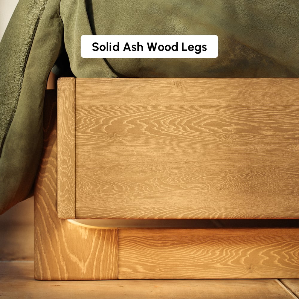 King Solid Wood Bed with Leather Extended Headboard & Floating Smart Nightstand Set window image