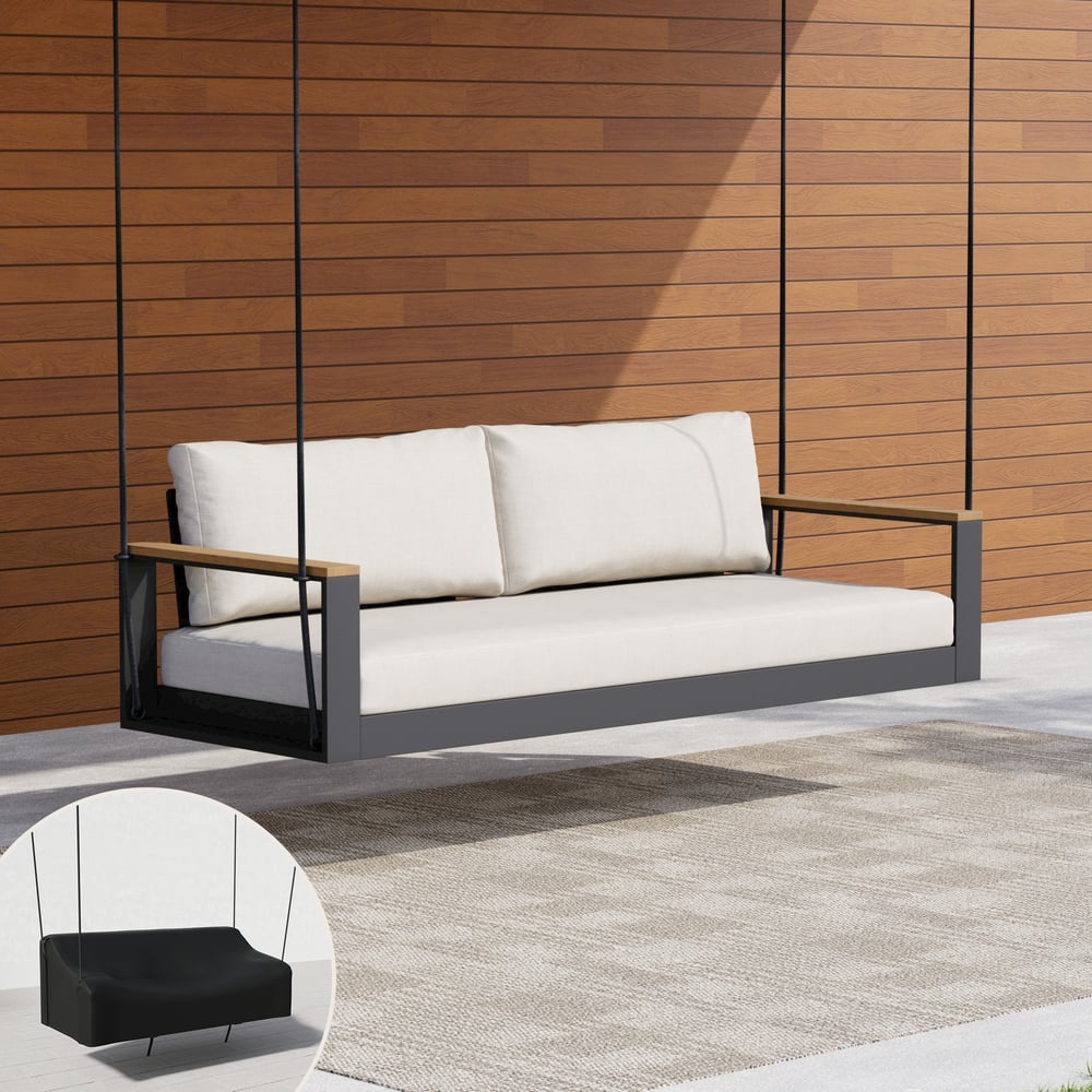 Tevara Outdoor 2-Seater Hanging Swing Sofa in Warm White with Cushion & Black Cover window image