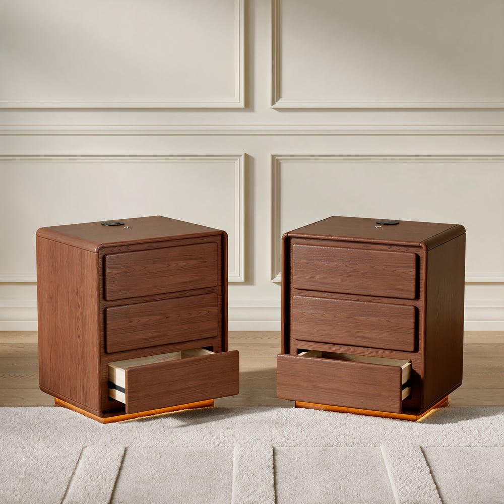 Haloa Walnut 3-Drawer LED Nightstand with Charging Station window image