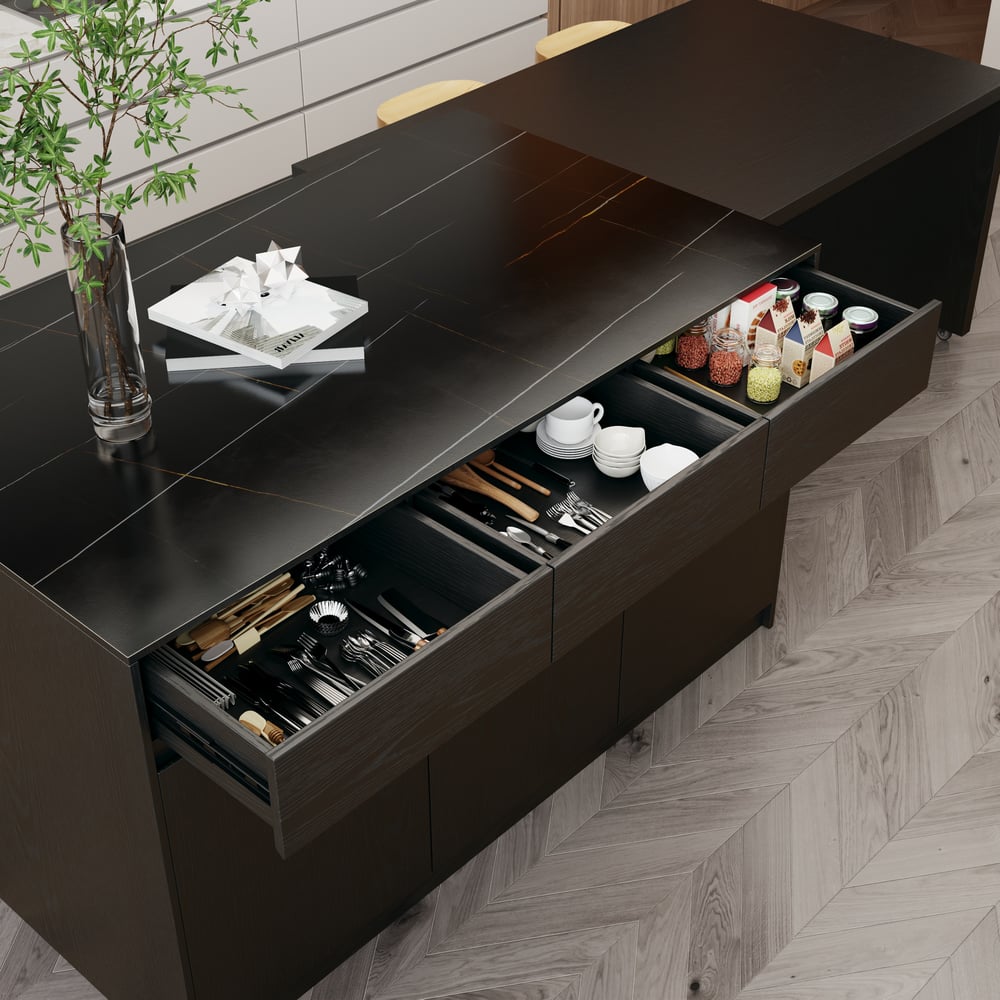 205 - 270 cm Extendable Matte Sintered Stone Kitchen Island with Storage, Black window image
