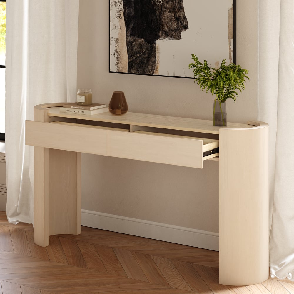 Console ovale Japandi de 60 pouces en pierre frittée avec 2 tiroirs image de fenêtre