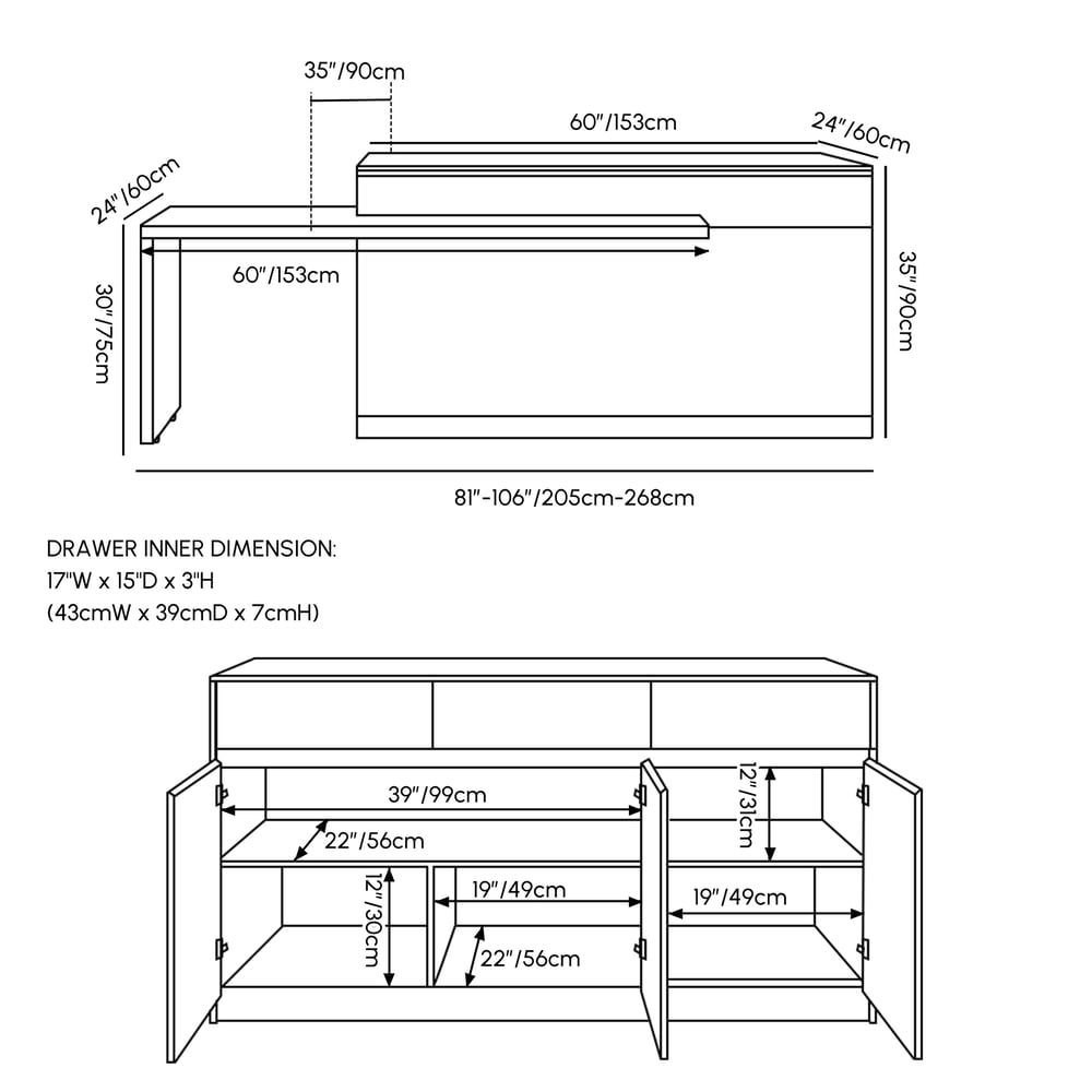 81''-106" Extendable Matte Sintered Stone Kitchen Island with Storage, Walnut weights dimensions image