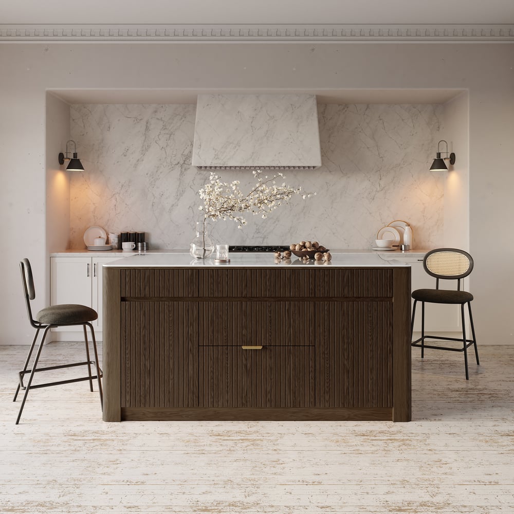 Mid-Century 72" Glossy Sintered Stone Kitchen Island with Storage, Smoky Brown window image