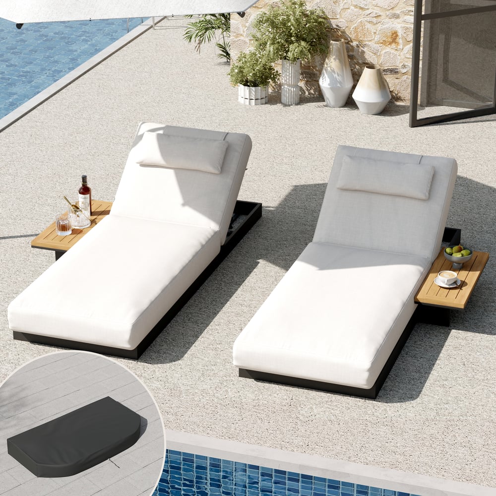 Tevara 2-Piece Outdoor Teak & Aluminium Adjustable Chaise Lounge with Black Cover window image