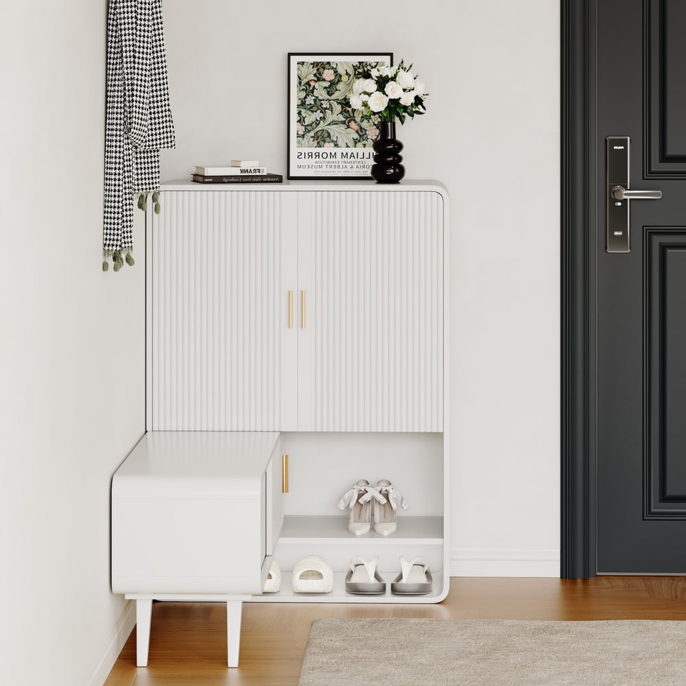 37" Warm White Shoe Storage Fluted Entryway Cabinet,Left Hand window image