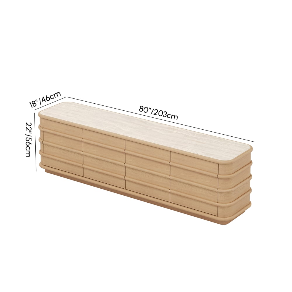 Meuble TV de 80" en bois de frêne avec plateau en pierre frittée Poids, dimensions, image