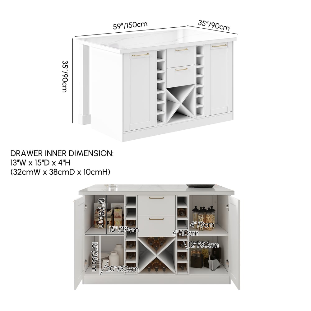 59" Modern White Sintered Stone Kitchen Island with Wine Storage weights dimensions image