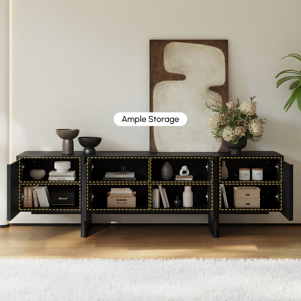 80" Solid Wood Fluted Black TV Stand with Cabinets window image
