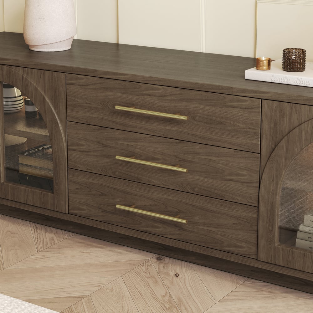 Arune 72" Arched Glass Doors Smoked Brown TV Stand with Storage and LED window image