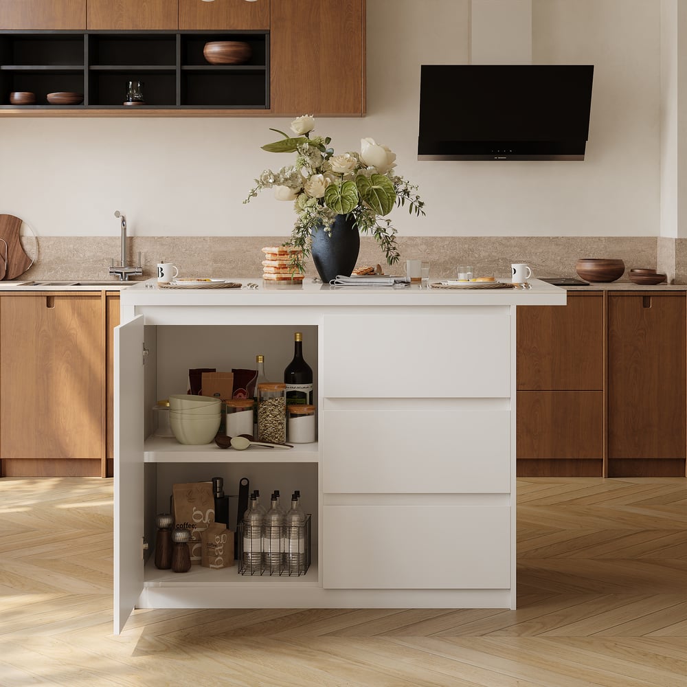 Modern 127 cm Glossy Sintered Stone Kitchen Island with Storage, White window image