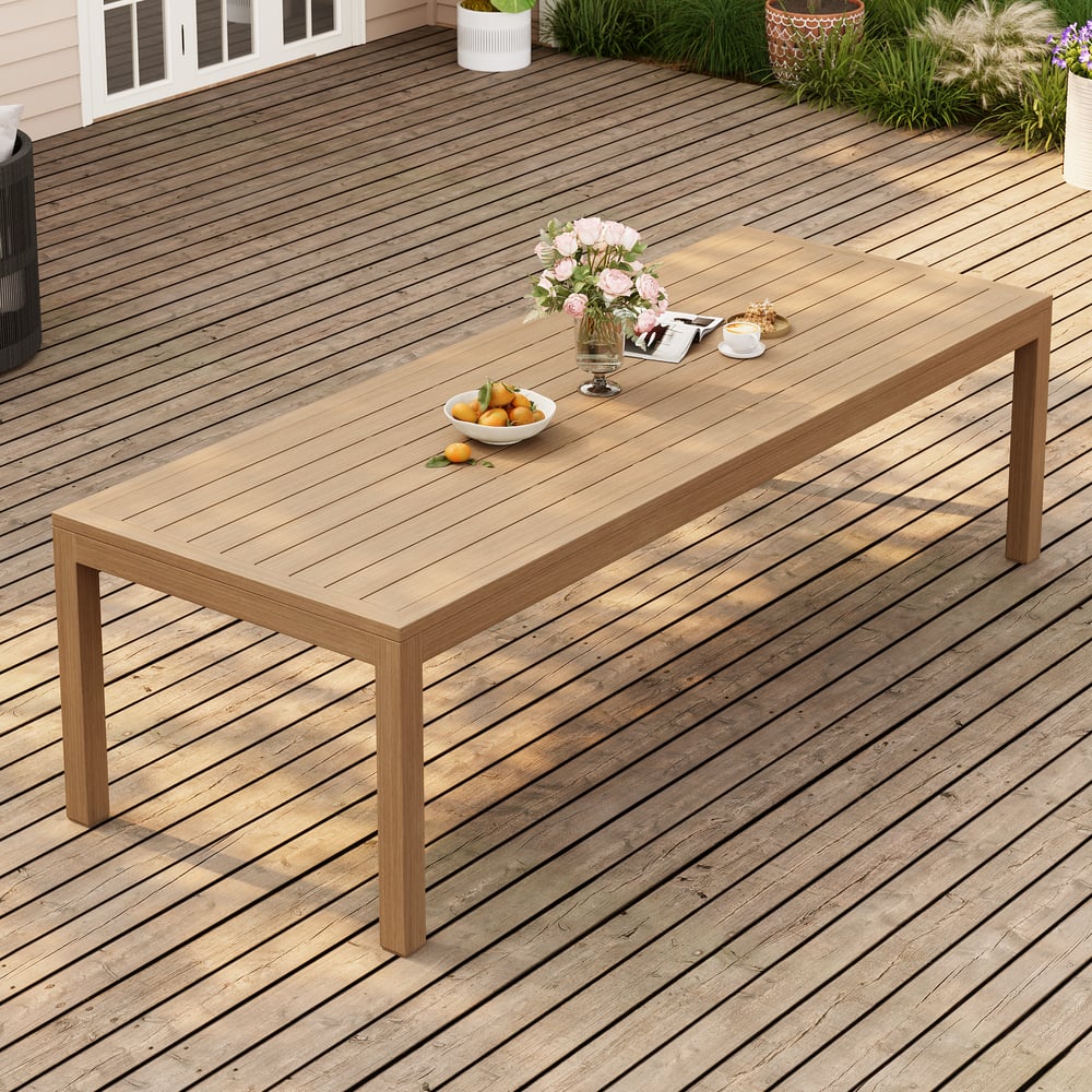 Wevara 104" Walnut-Finished Aluminum Slatted Outdoor Dining Table window image