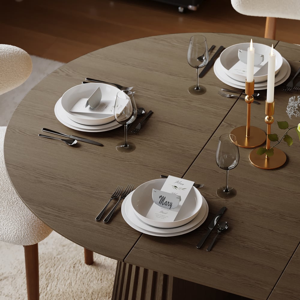 Modern 47"-79" Extendable Smoky Brown Wood Dining Table with Fluted Base, Seats 4-6 window image