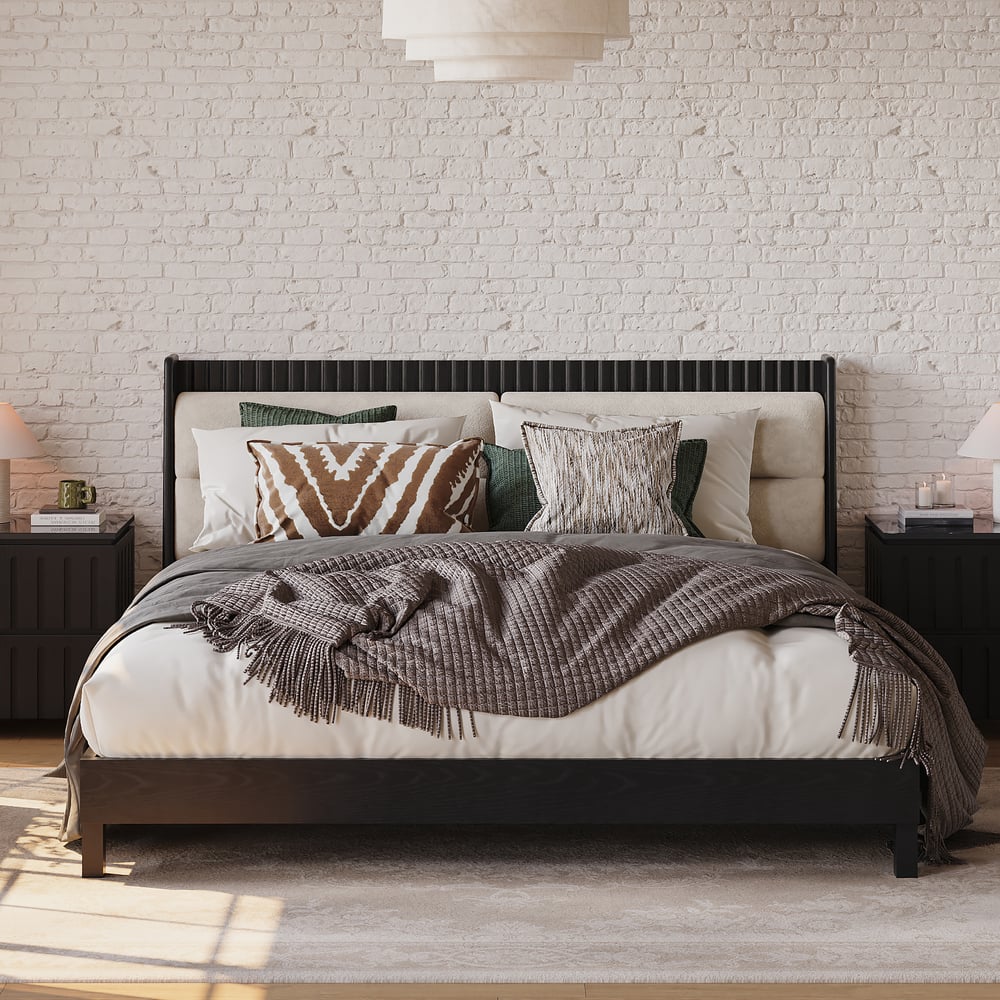 Cama moderna de madeira maciça com almofadas de cabeceira Boucle, 180 x 200 cm Imagem da janela