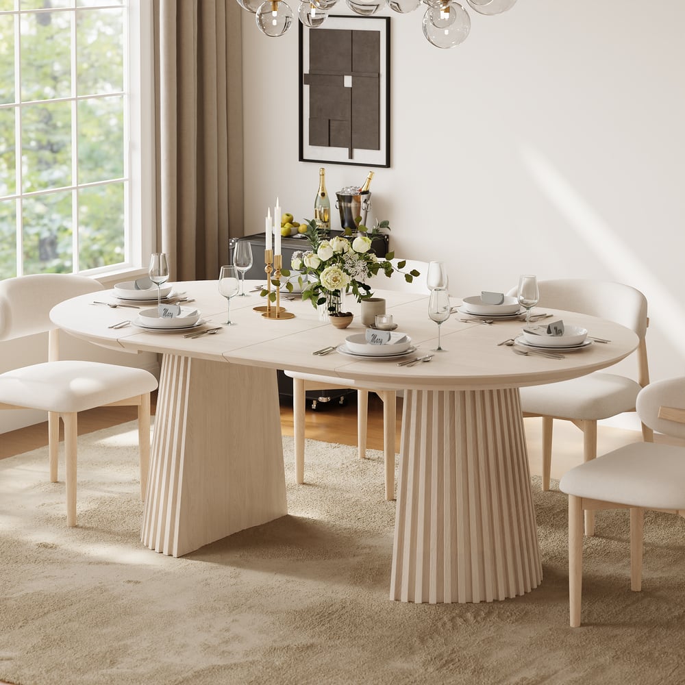 Modern 47"-79" Extendable Whitewash Wood Dining Table with Fluted Base, Seats 4-6 window image