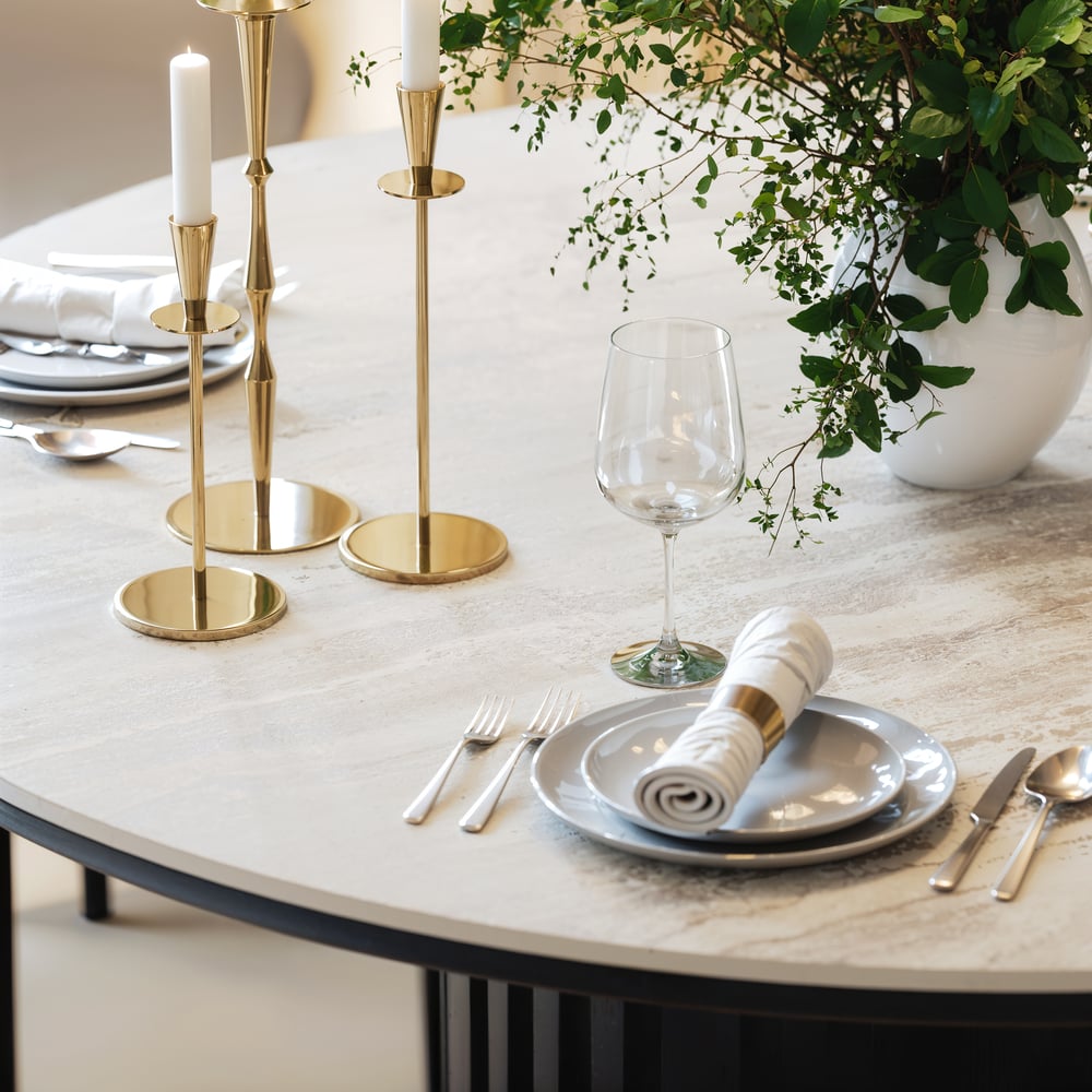 Aura 47" Round Black Faux Travertine Sintered Stone Dining Table, Fluted Base, Seats 4 window image