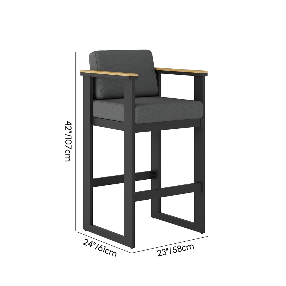 Tevara Outdoor Aluminum Frame & Teak Wood Armrest Bar Stools in Dark Gray, Set of 2 weights dimensions image