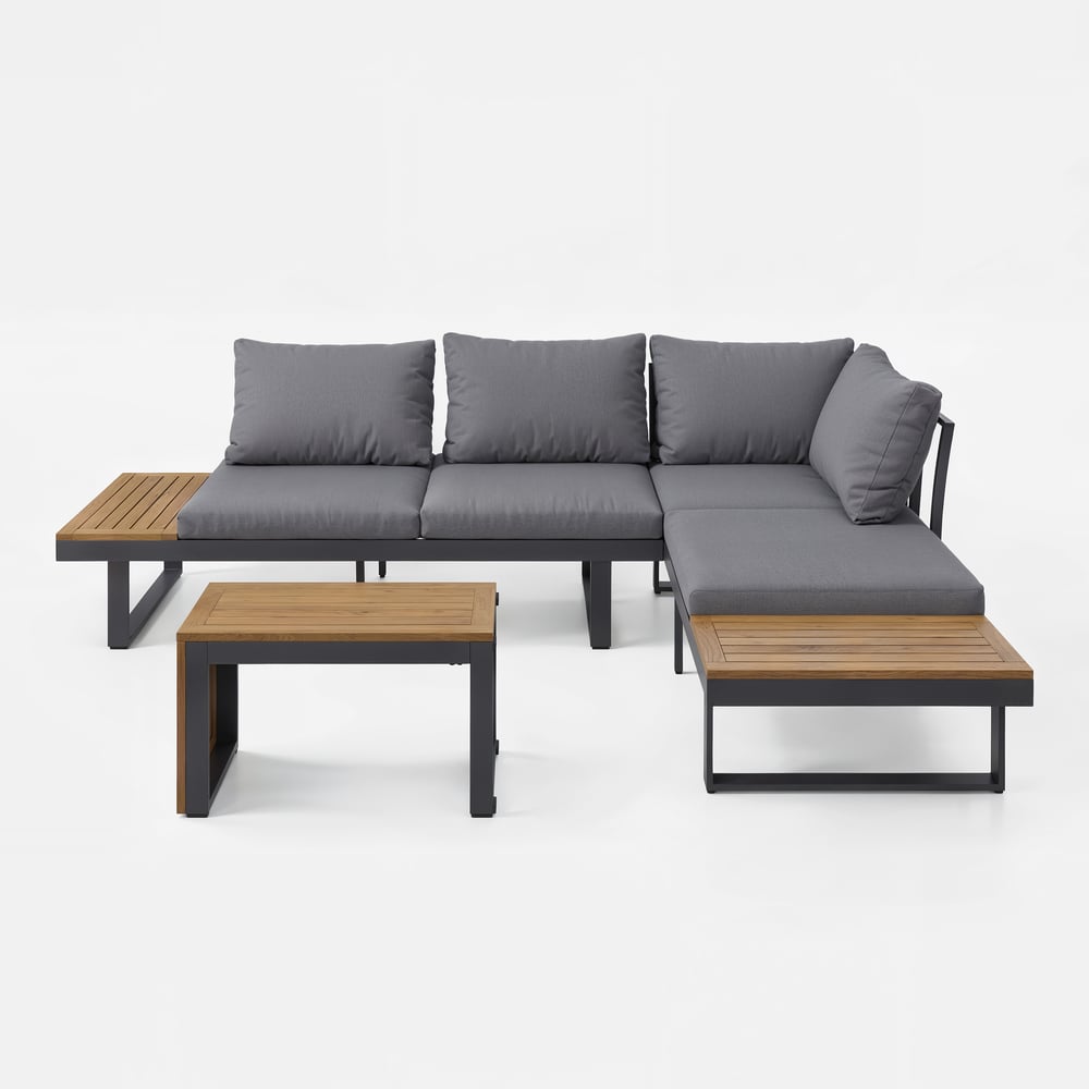 Ensemble de canapé modulaire d'extérieur Slatera en acacia et aluminium, gris foncé avec housse noire image de fenêtre